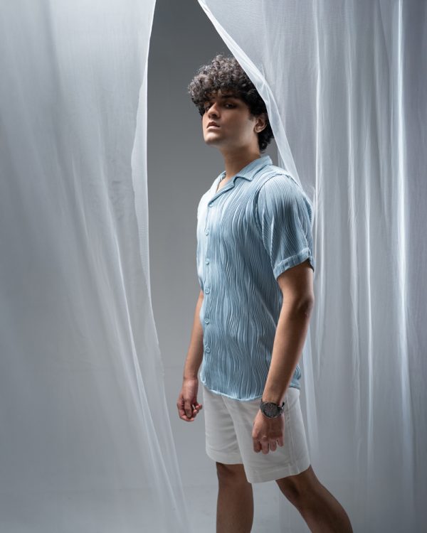 Men's Wavy Patterned Half Sleeve Cuban in Sky blue
