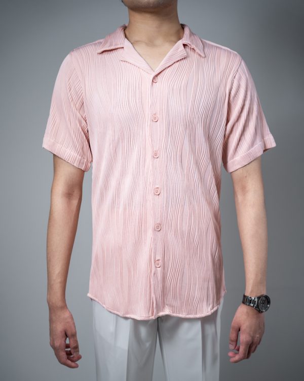 Men's Wavy Patterned Half Sleeve Cuban in Baby Pink - Image 2