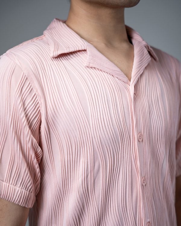 Men's Wavy Patterned Half Sleeve Cuban in Baby Pink - Image 3