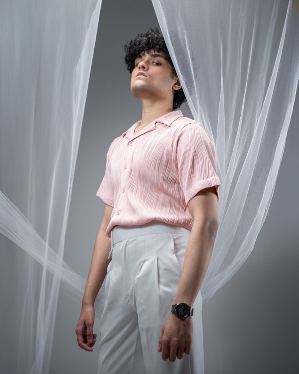 Men's Wavy Patterned Half Sleeve Cuban in Baby Pink - Image 10