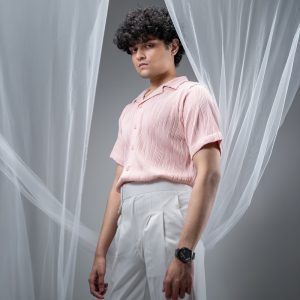 Men's Wavy Patterned Half Sleeve Cuban in Baby Pink