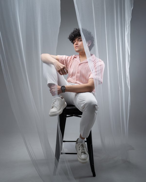 Men's Wavy Patterned Half Sleeve Cuban in Baby Pink - Image 7