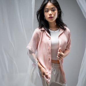 Women's Wavy Patterned Half Sleeve Cuban in Baby Pink