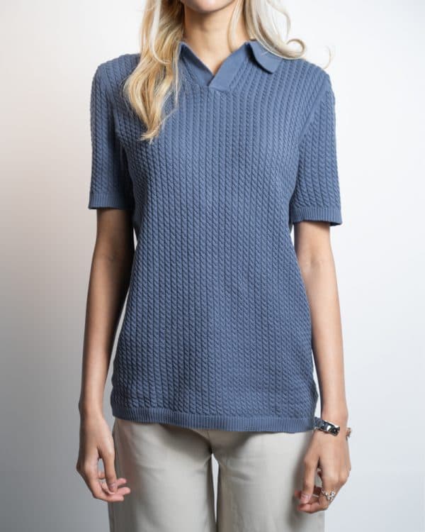 Women's Braided Cable Knit Polo in Cornflower Blue - Image 3
