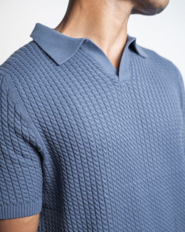 Men's Braided Cable Knit Polo in Cornflower Blue - Image 2