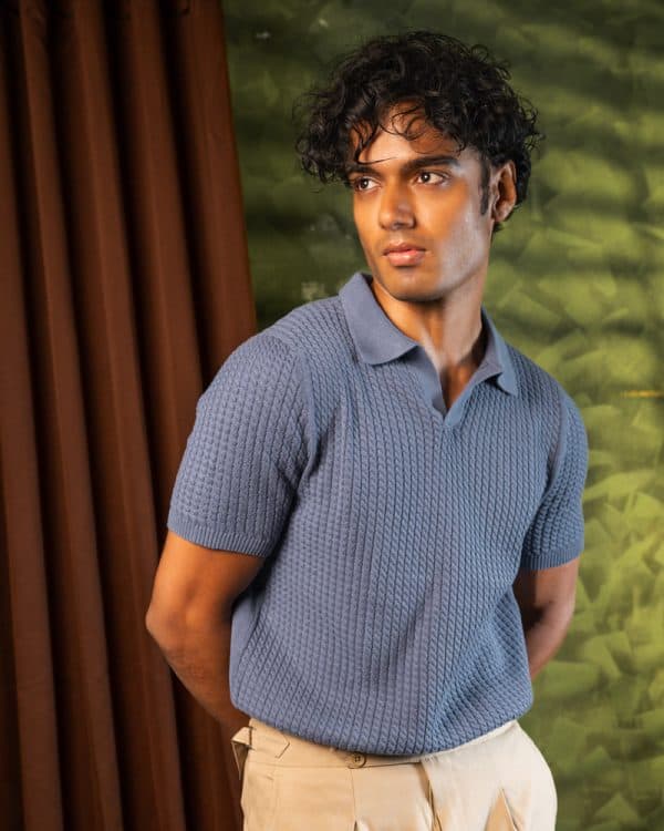 Men's Braided Cable Knit Polo in Cornflower Blue - Image 7