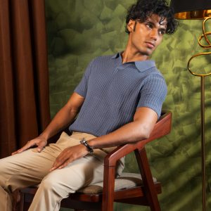 Men's Braided Cable Knit Polo in Cornflower Blue