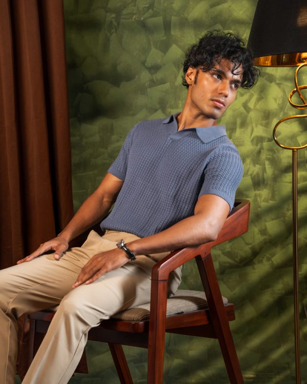 Men's Braided Cable Knit Polo in Cornflower Blue