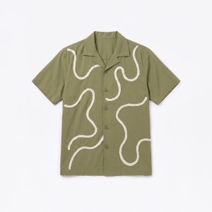 Embroidered Driftline Patterned Oversized Drop Shoulder Cuban Shirt in Olive