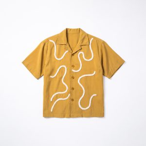Embroidered Driftline Patterned Oversized Drop Shoulder Cuban Shirt in Ochre