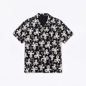 Oversized Drop Shoulder Embroidered Cuban Shirt in Black