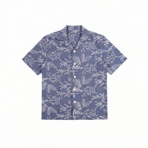 Oversized Drop Shoulder Denim Cuban Shirt in Light Blue