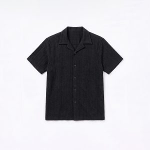 Cable Knit Patterned Cuban Shirt in Black