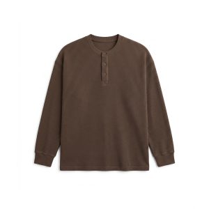 Unisex Henley Full Sleeve Waffle Textured T-shirt in Espresso