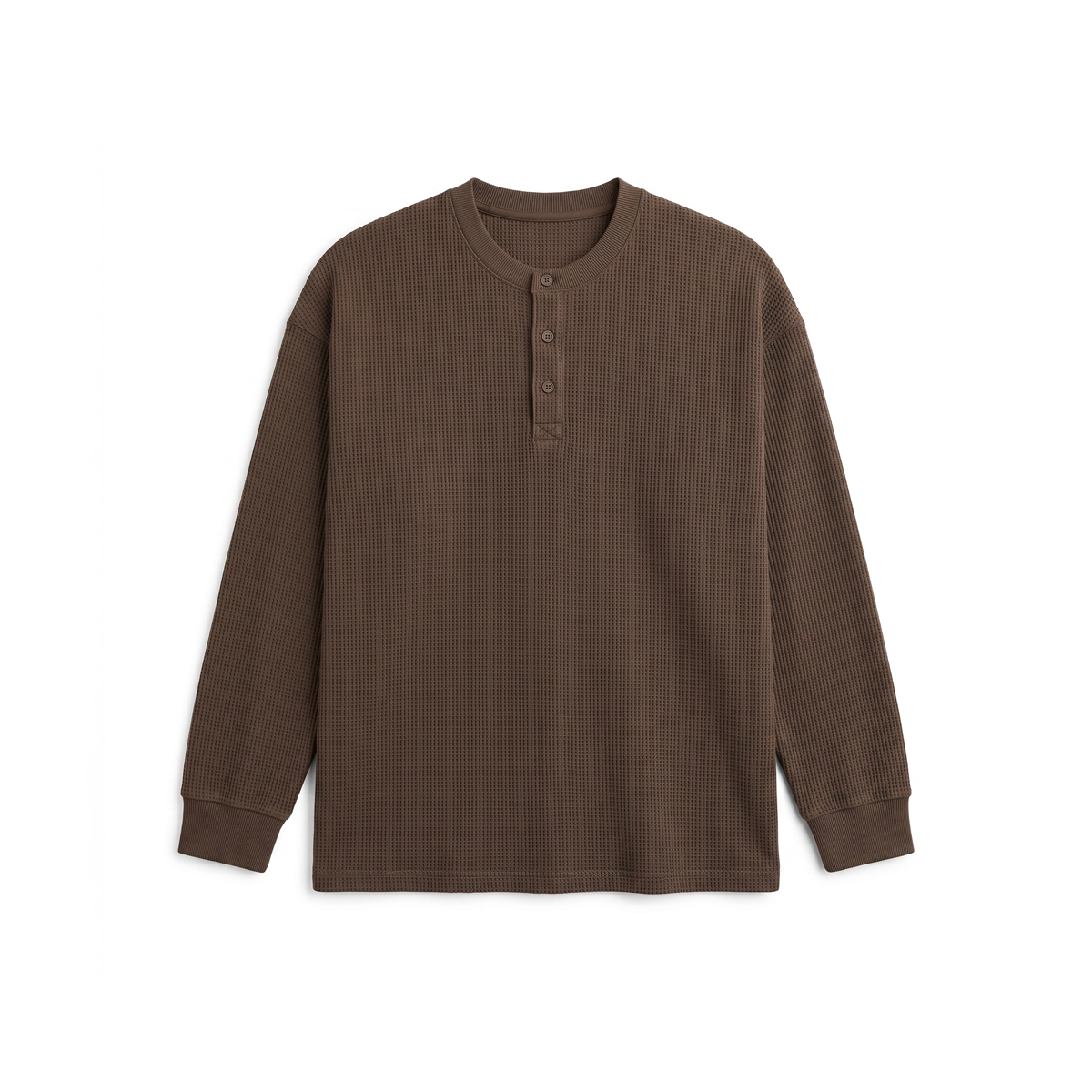 Unisex Henley Full Sleeve Waffle Textured T-shirt in Espresso
