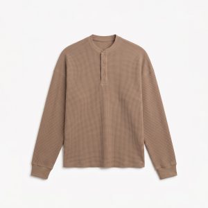 Unisex Henley Full Sleeve Waffle Textured T-shirt in Washed Brown