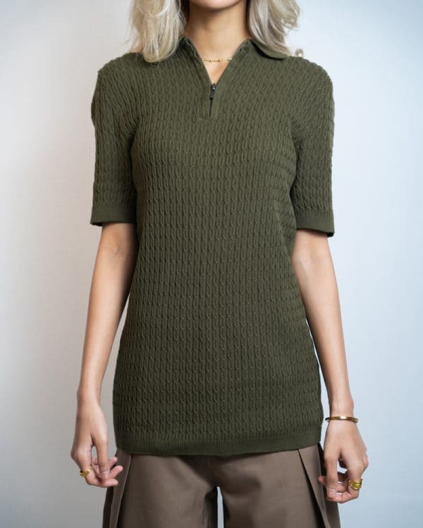 Women’s Zip-Up Loop Patterned Knit Polo in Olive - Image 3