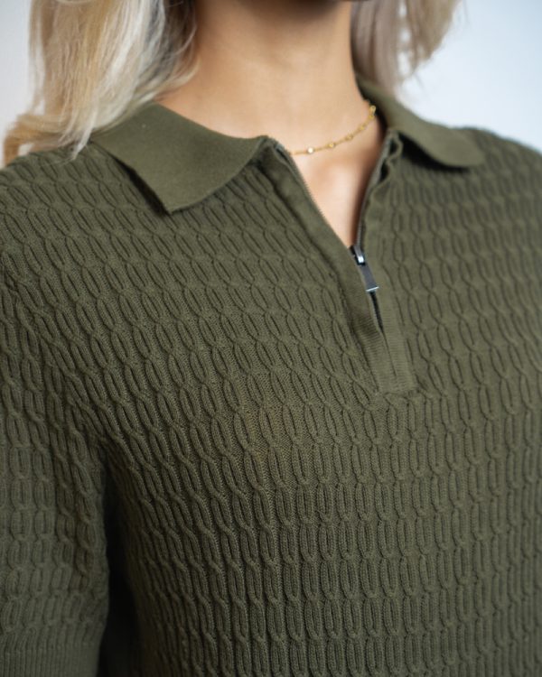 Women’s Zip-Up Loop Patterned Knit Polo in Olive - Image 2