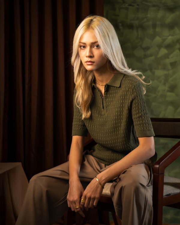 Women’s Zip-Up Loop Patterned Knit Polo in Olive - Image 8