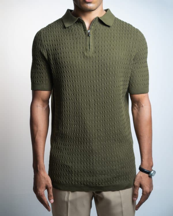 Men’s Zip-Up Loop Patterned Knit Polo in Olive - Image 3