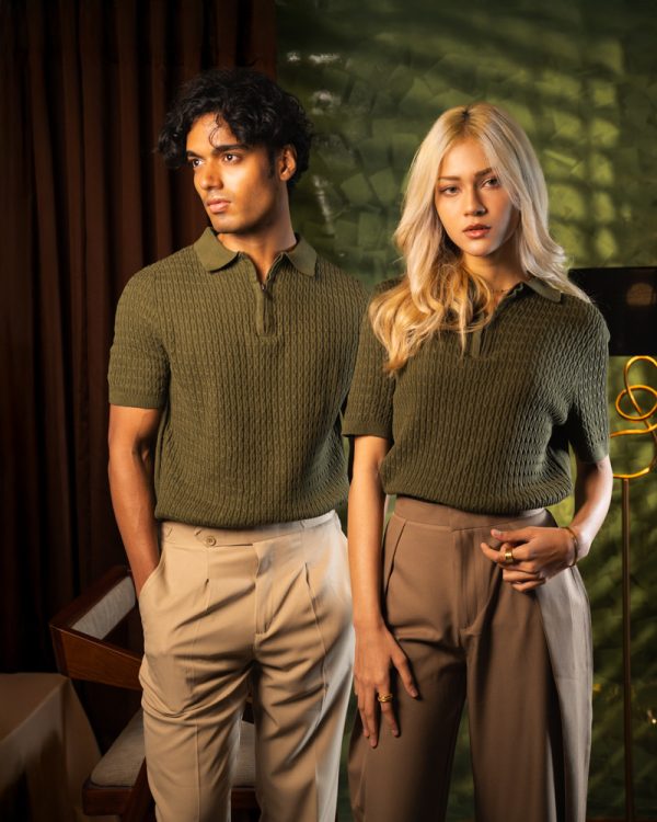 Men’s Zip-Up Loop Patterned Knit Polo in Olive - Image 6