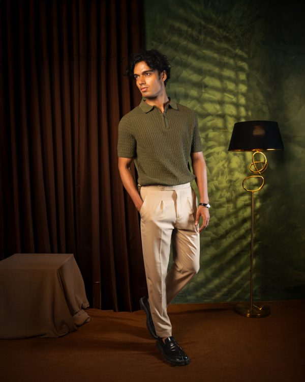Men’s Zip-Up Loop Patterned Knit Polo in Olive - Image 9