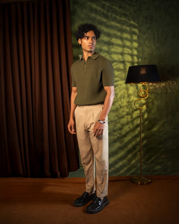 Men’s Zip-Up Loop Patterned Knit Polo in Olive - Image 7
