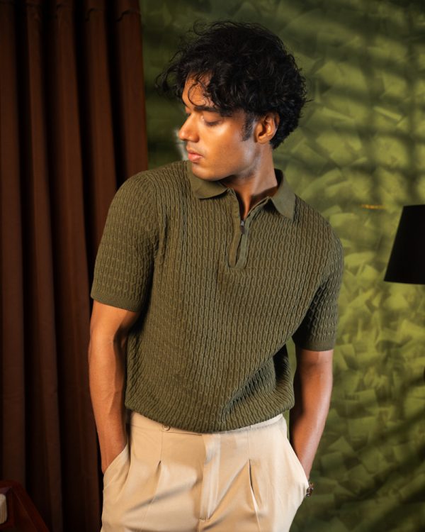 Men’s Zip-Up Loop Patterned Knit Polo in Olive - Image 5