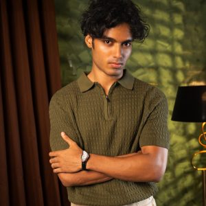 Men’s Zip-Up Loop Patterned Knit Polo in Olive
