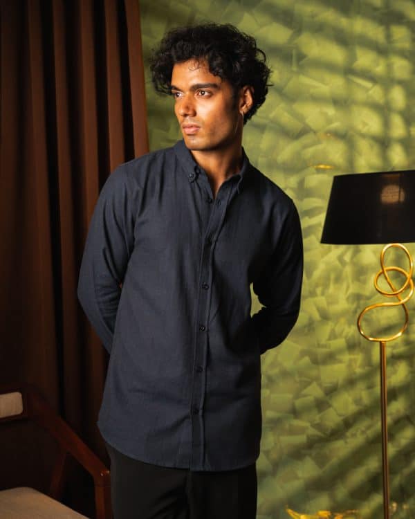 Men’s Long Sleeve Button-Down Herringbone Patterned Shirt in Navy Blue - Image 8