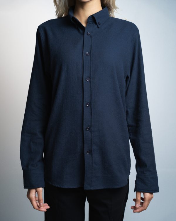 Women’s Long Sleeve Button-Down Herringbone Patterned Shirt in Navy Blue - Image 2