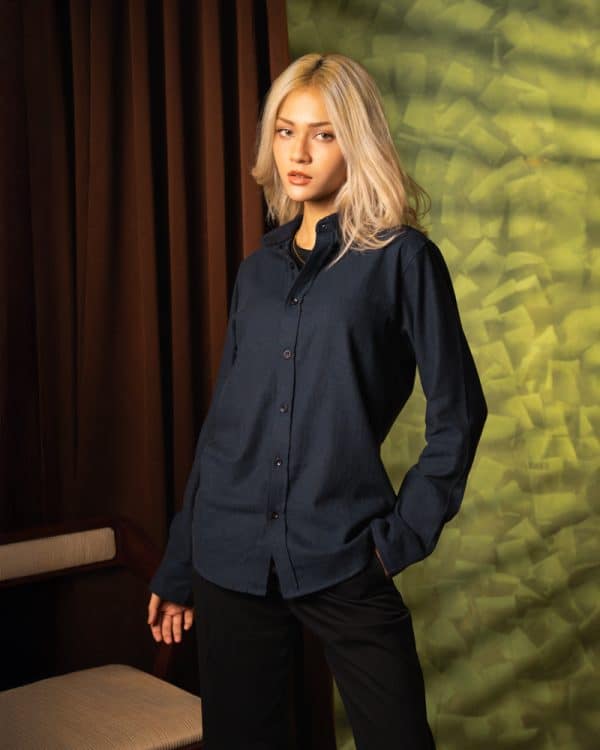 Women’s Long Sleeve Button-Down Herringbone Patterned Shirt in Navy Blue - Image 5