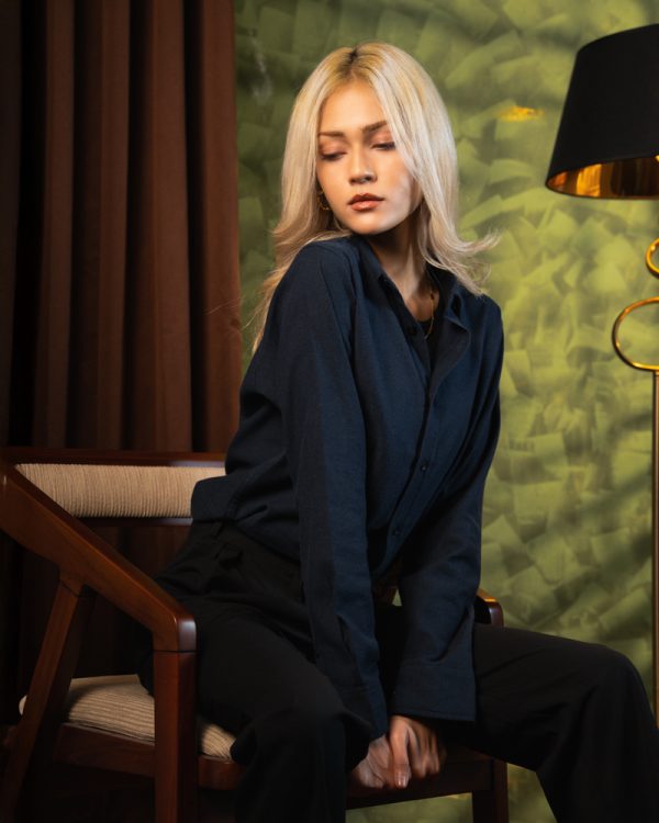 Women’s Long Sleeve Button-Down Herringbone Patterned Shirt in Navy Blue - Image 6