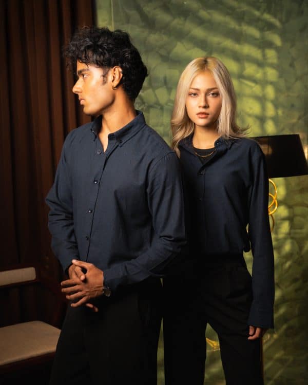 Men’s Long Sleeve Button-Down Herringbone Patterned Shirt in Navy Blue - Image 9