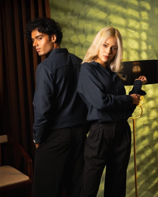 Men’s Long Sleeve Button-Down Herringbone Patterned Shirt in Navy Blue - Image 6