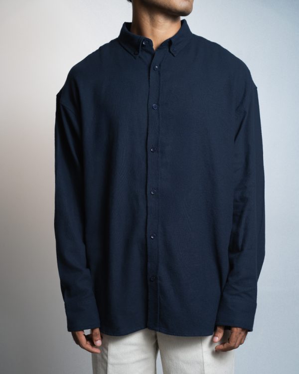 Men's Long Sleeve Oversized Button Down Shirt in Navy Blue - Image 2