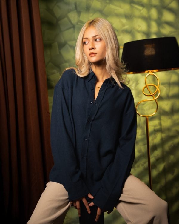Women's Long Sleeve Oversized Button Down Shirt in Navy Blue