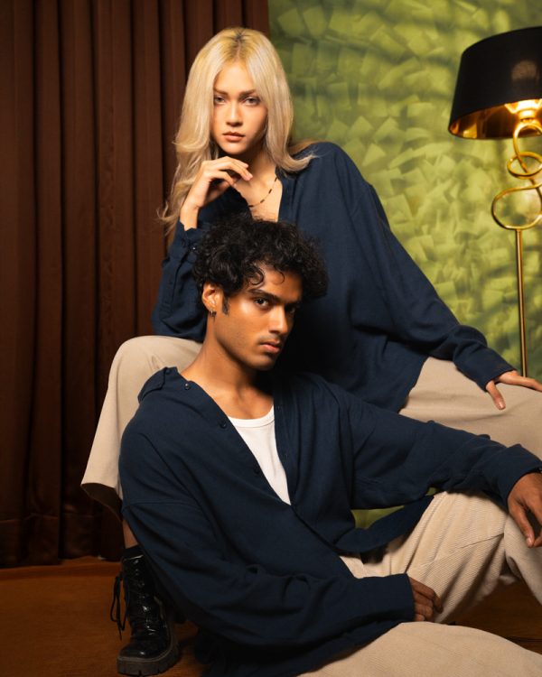 Men's Long Sleeve Oversized Button Down Shirt in Navy Blue - Image 9