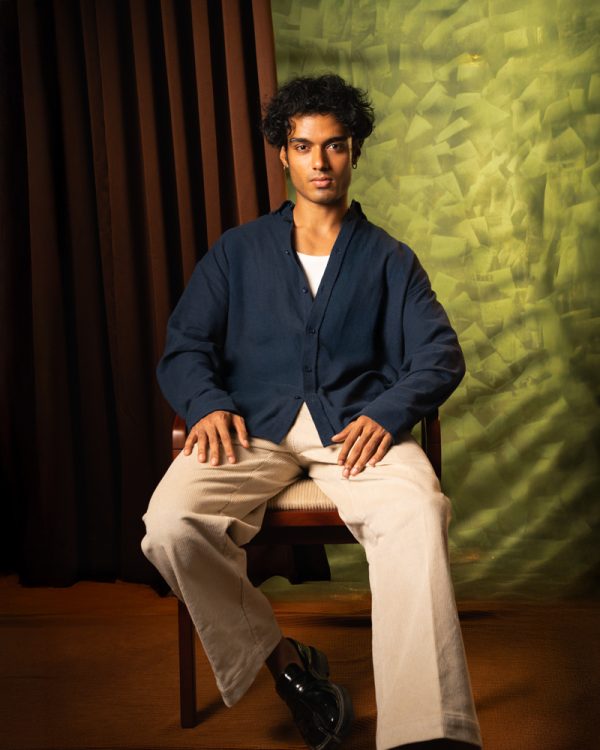 Men's Long Sleeve Oversized Button Down Shirt in Navy Blue - Image 12