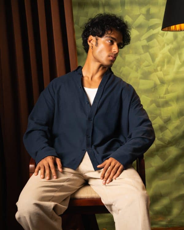 Men's Long Sleeve Oversized Button Down Shirt in Navy Blue - Image 10