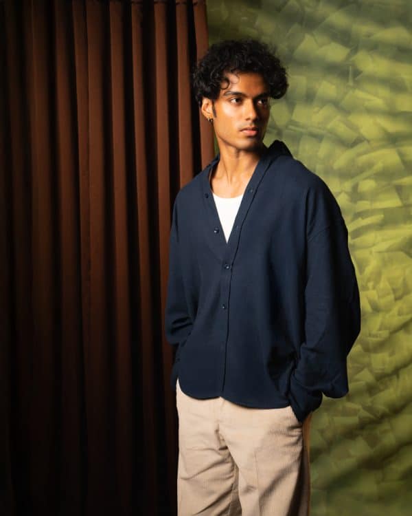 Men's Long Sleeve Oversized Button Down Shirt in Navy Blue - Image 8