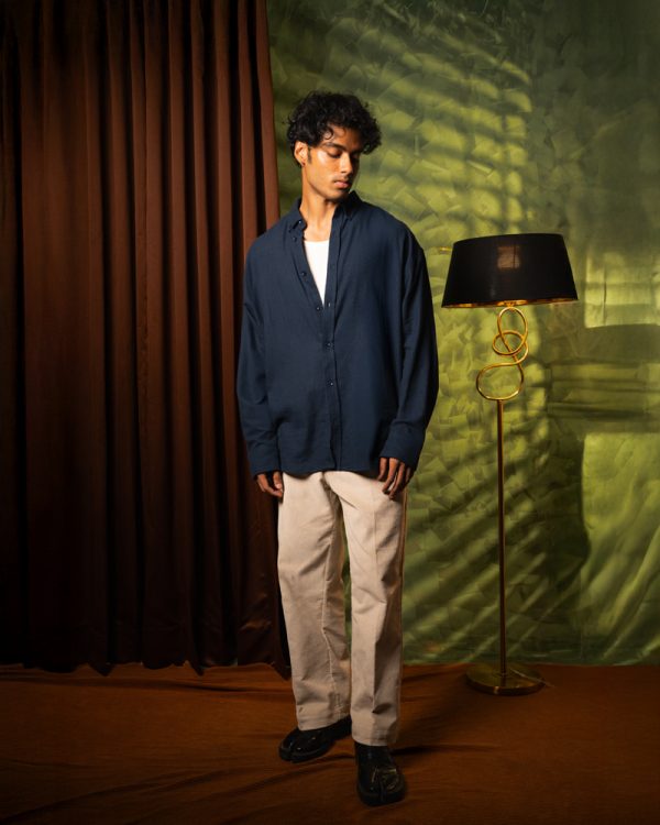 Men's Long Sleeve Oversized Button Down Shirt in Navy Blue - Image 4