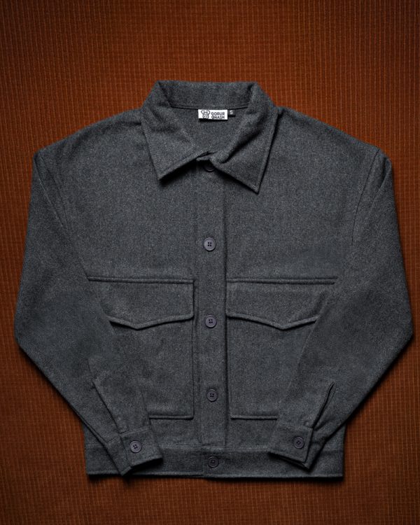 Women's Herringbone Patterned Thick Boxy Jacket in Onix Grey