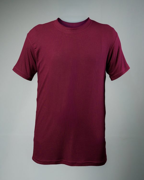 Premium Soft Textured Crewneck T-shirt in Maroon with Thin Stripes - Image 4