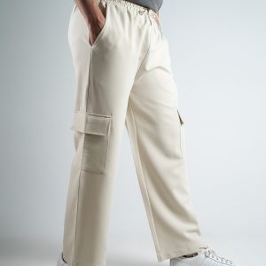 Women's Twill Patterned Baggy Fit Cargo Pants in Off White