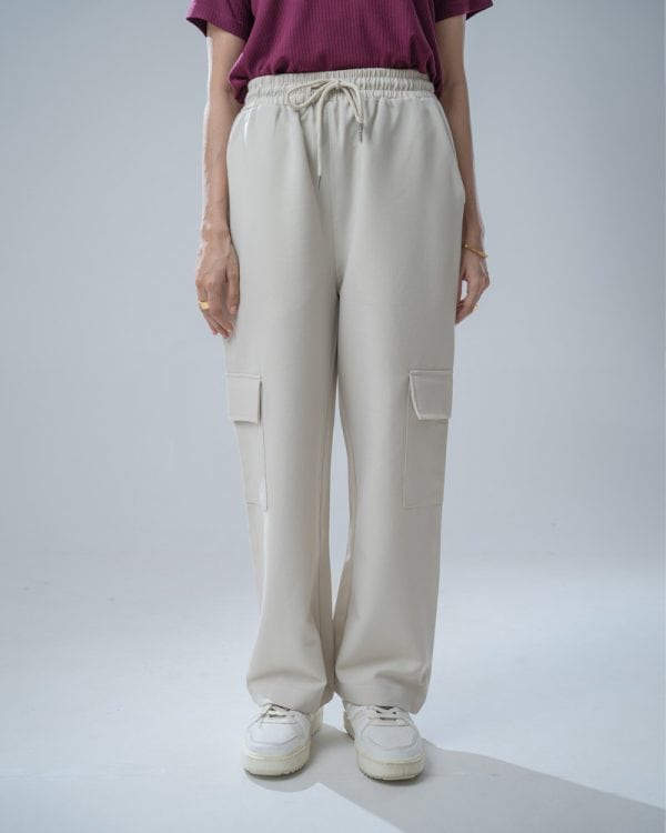 Women's Twill Patterned Baggy Fit Cargo Pants in Off White - Image 3