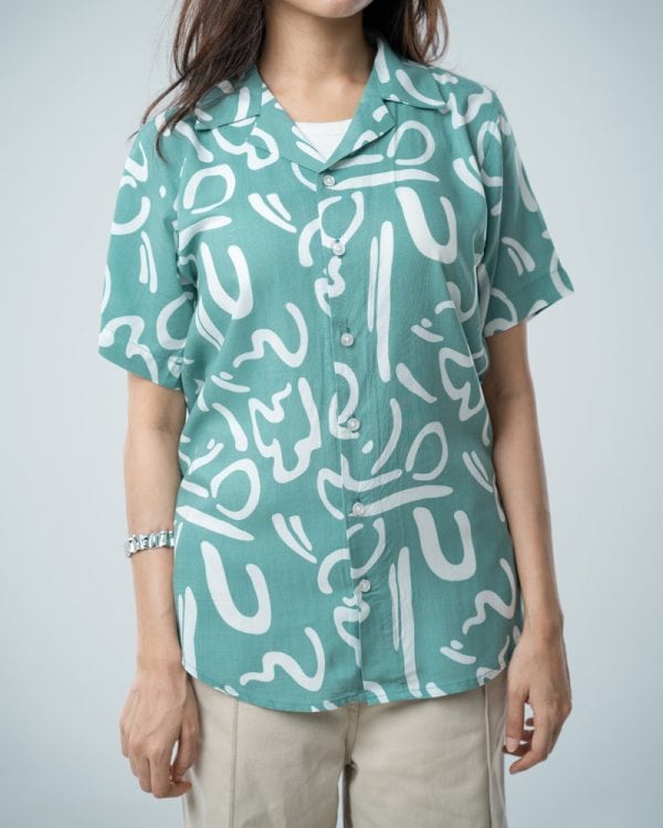 Women’s Abstract Printed Half Sleeve Cuban Shirt in Mint green - Image 3