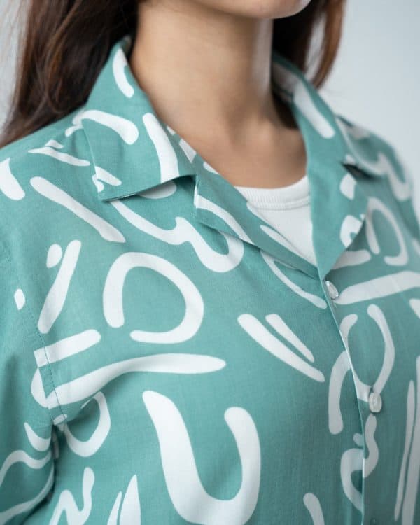 Women’s Abstract Printed Half Sleeve Cuban Shirt in Mint green - Image 2