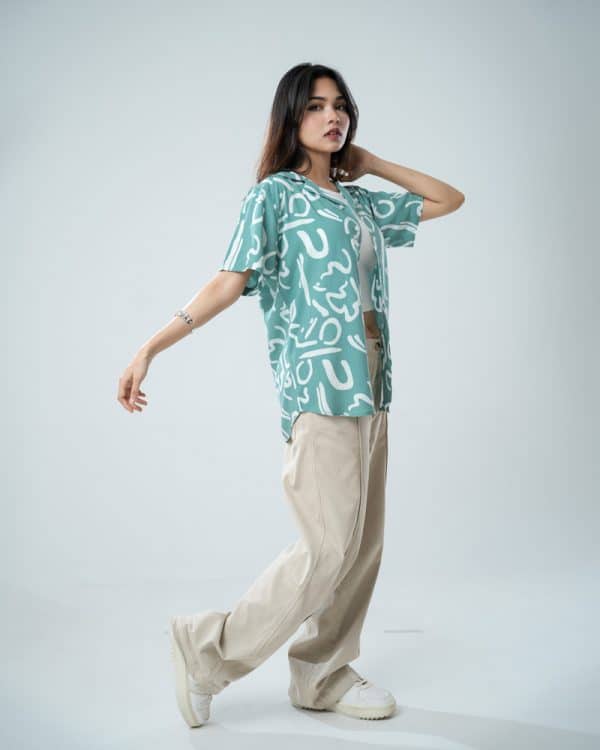 Women’s Abstract Printed Half Sleeve Cuban Shirt in Mint green - Image 4