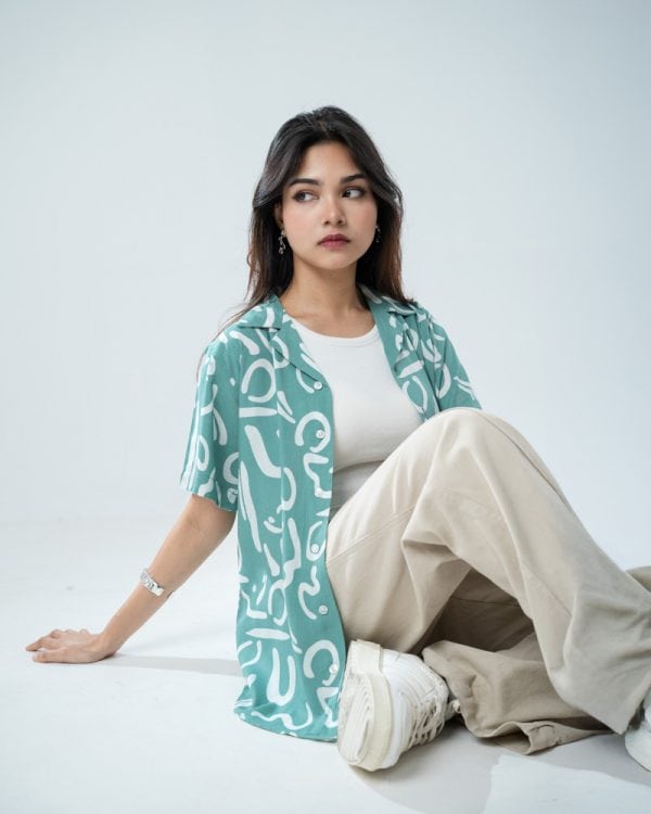 Women’s Abstract Printed Half Sleeve Cuban Shirt in Mint green - Image 6